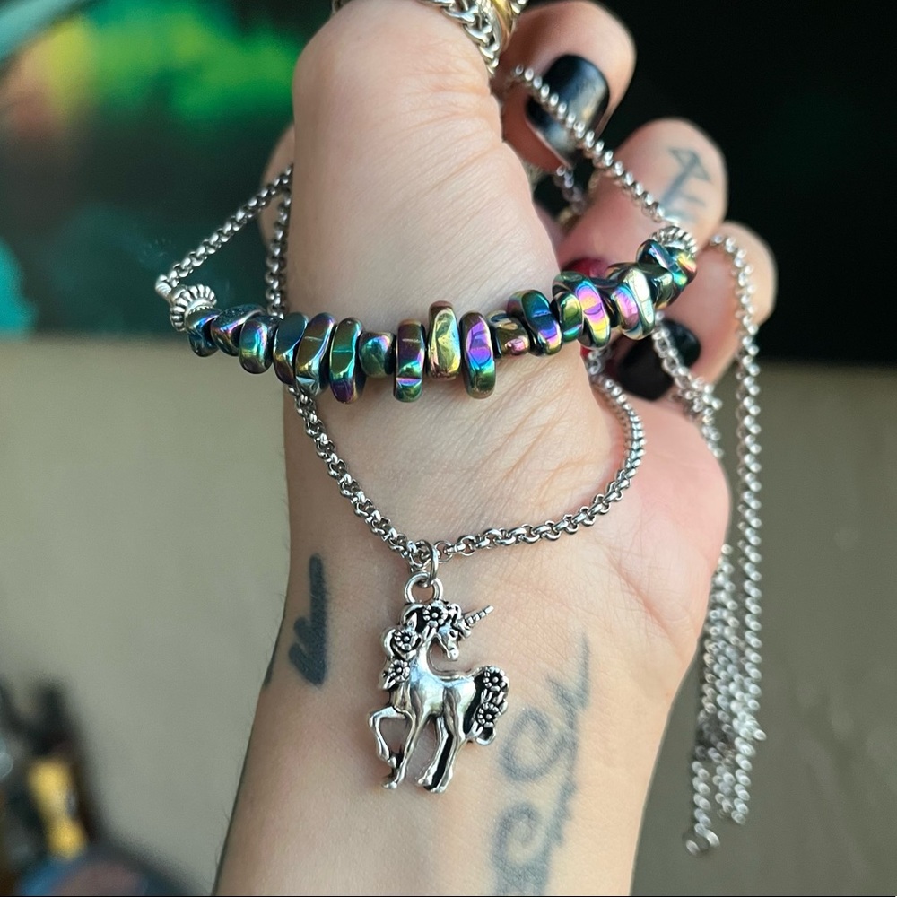 Double layer unicorn rainbow stones stainless steel adjustable choker necklace